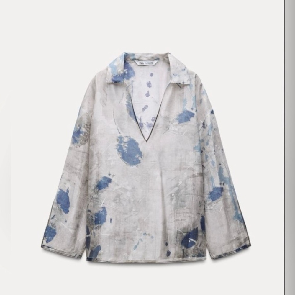 Zara White Linen-Blend Sheer Paint-Splatter Shirt with Blue Accents